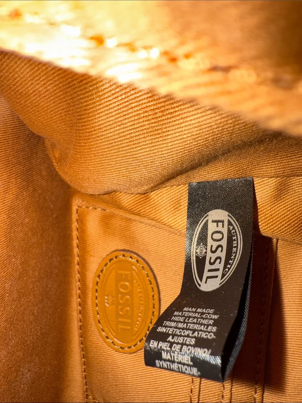Fossil Sydney Satchel Handbag in Brown & Tan Patterned Coated Canvas